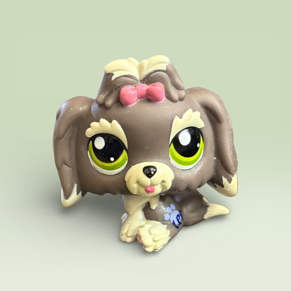 Littlest Pet Shop LPS #1523 Lhasa Apso Dog Brown Green Eyes Pink Bow Bobble Head